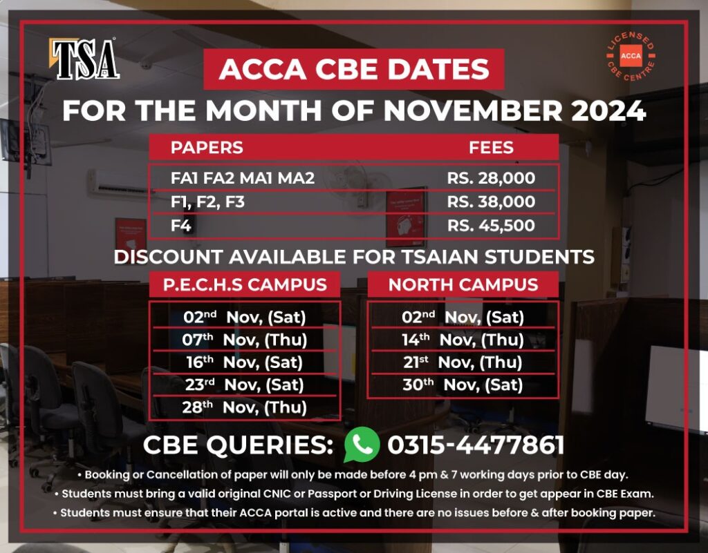 ACCA CBE November 2024 exam dates for TSA P.E.C.H.S and North Campuses with fees and schedule