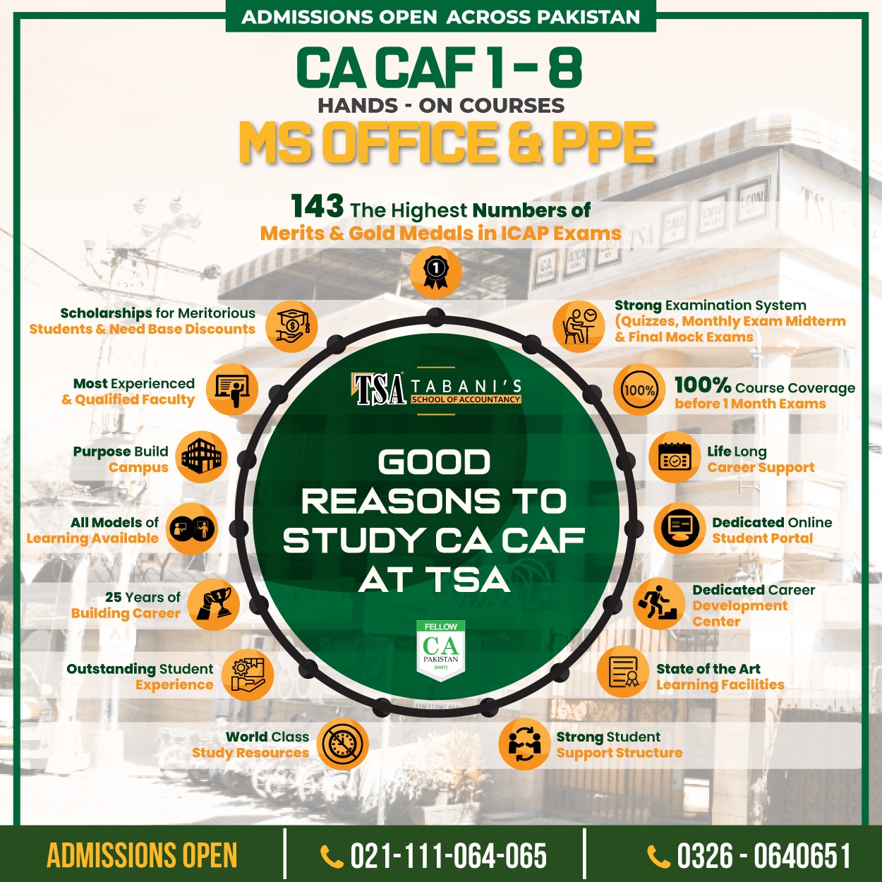 Good Reasons to Study CA CAF at TSA - Admissions Open Across Pakistan, offering scholarships, expert faculty, hands-on courses, and a dedicated student portal at Tabani's School of Accountancy.