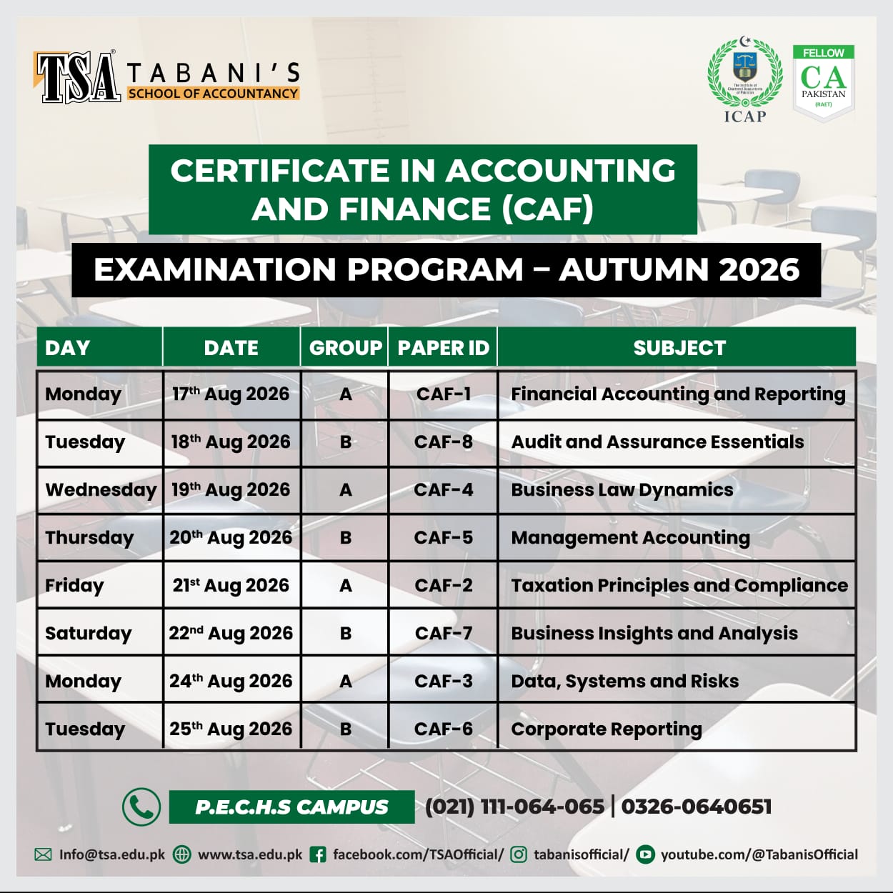 CA CAF exam schedule announcement
